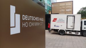 German consulate entrance and AGS Movers trailer.