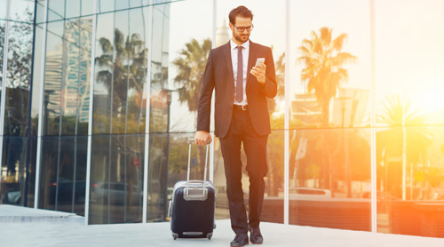 Guy looking at cellphone dragging trolley bag